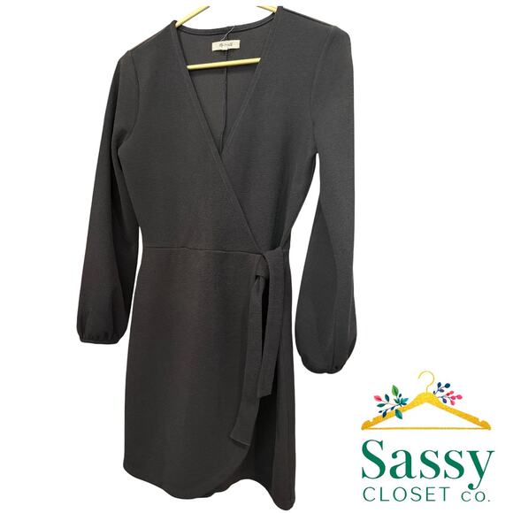 Madewell Black Faux Wrap Dress Women’s S RN#77388 V Neck Blouson Sleeve Midi EUC - Picture 1 of 7